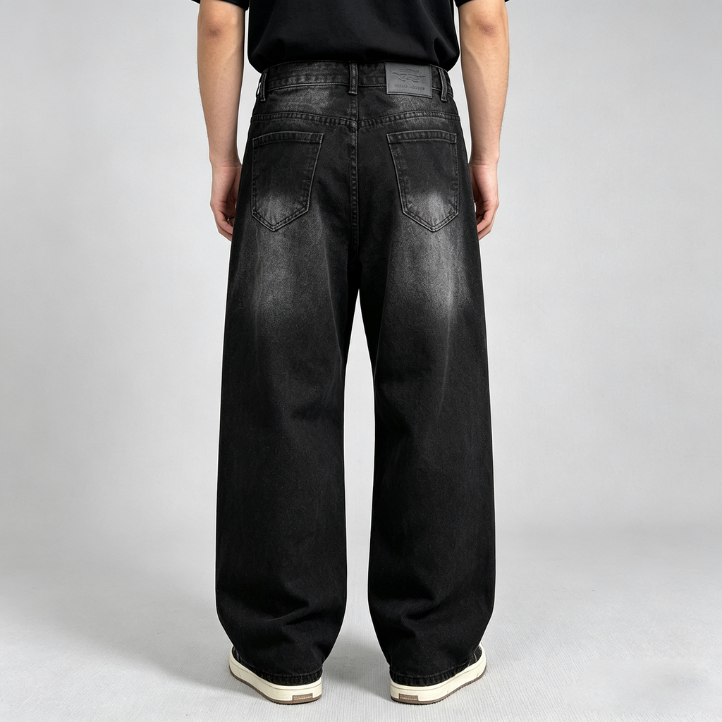 Men's Black Washed Straight Leg Jeans - Loose Denim Pants with Patchwork & Graffiti Print Details