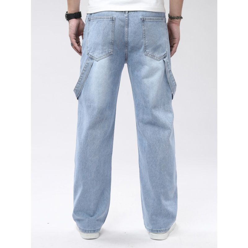 Men's Light Wash Cargo Jeans - Loose Straight Leg Denim Pants with Patchwork & Distressed Details