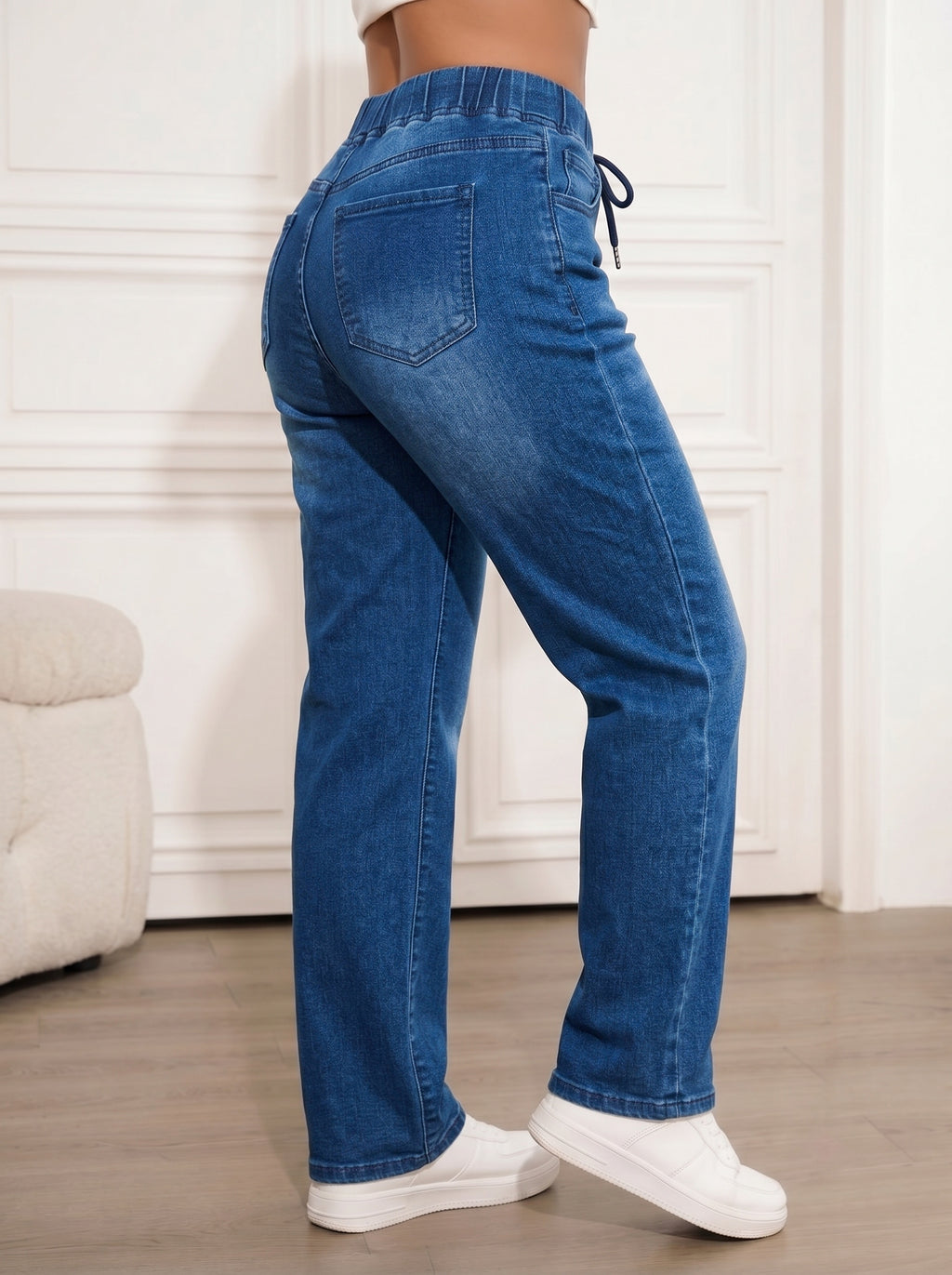 PLUS SIZE Women Elastic High Waist Drawstring Stretch Straight Leg Jeans Casual Loose Fit Light & Dark Wash Soft Denim Jogger Pants With Pockets