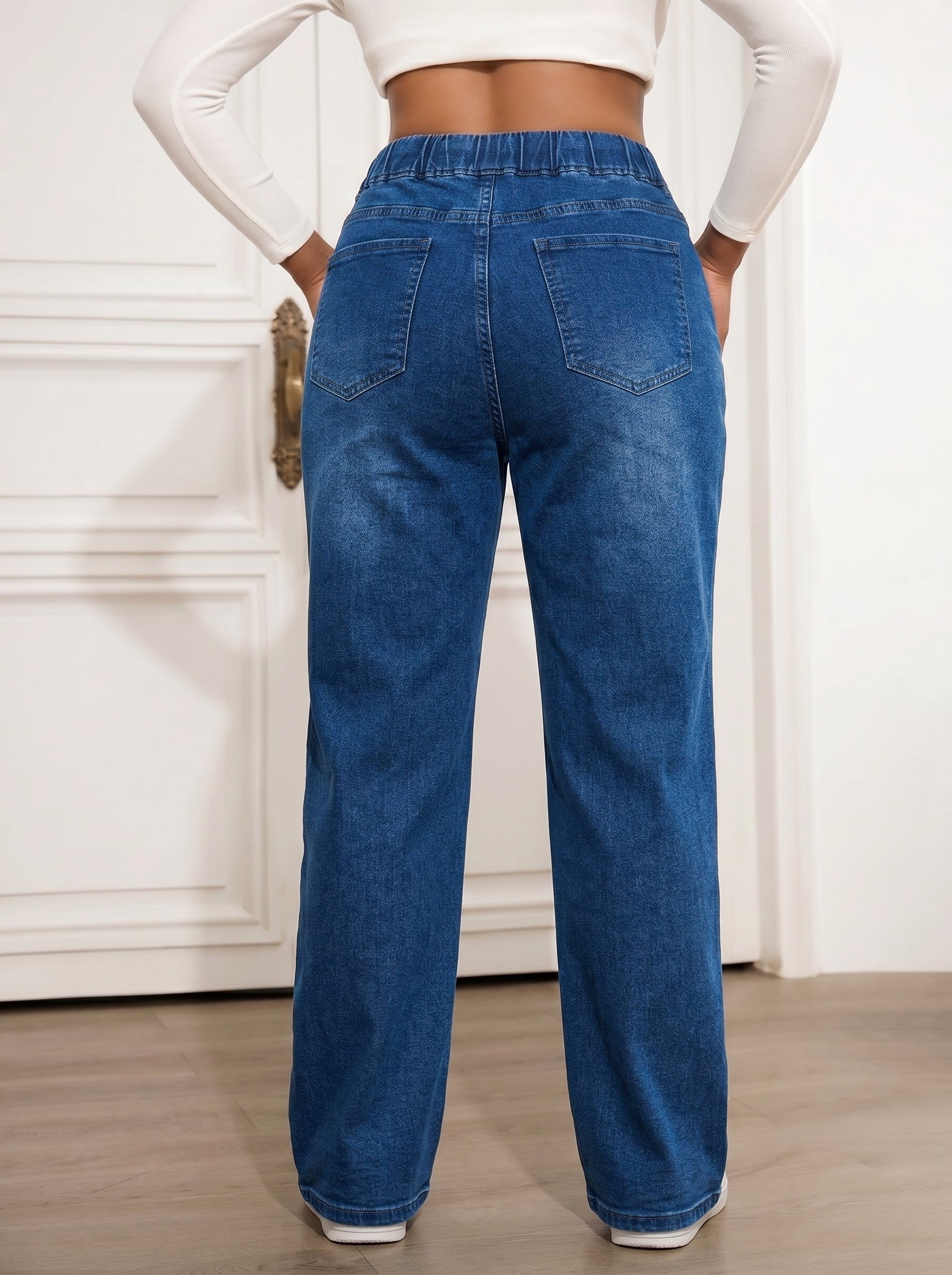 PLUS SIZE Women Elastic High Waist Drawstring Stretch Straight Leg Jeans Casual Loose Fit Light & Dark Wash Soft Denim Jogger Pants With Pockets