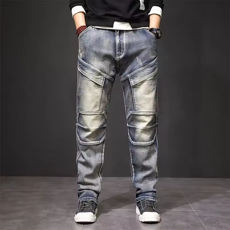 Vintage Washed Biker Cargo Jeans | Distressed Straight Leg Denim Pants for Men