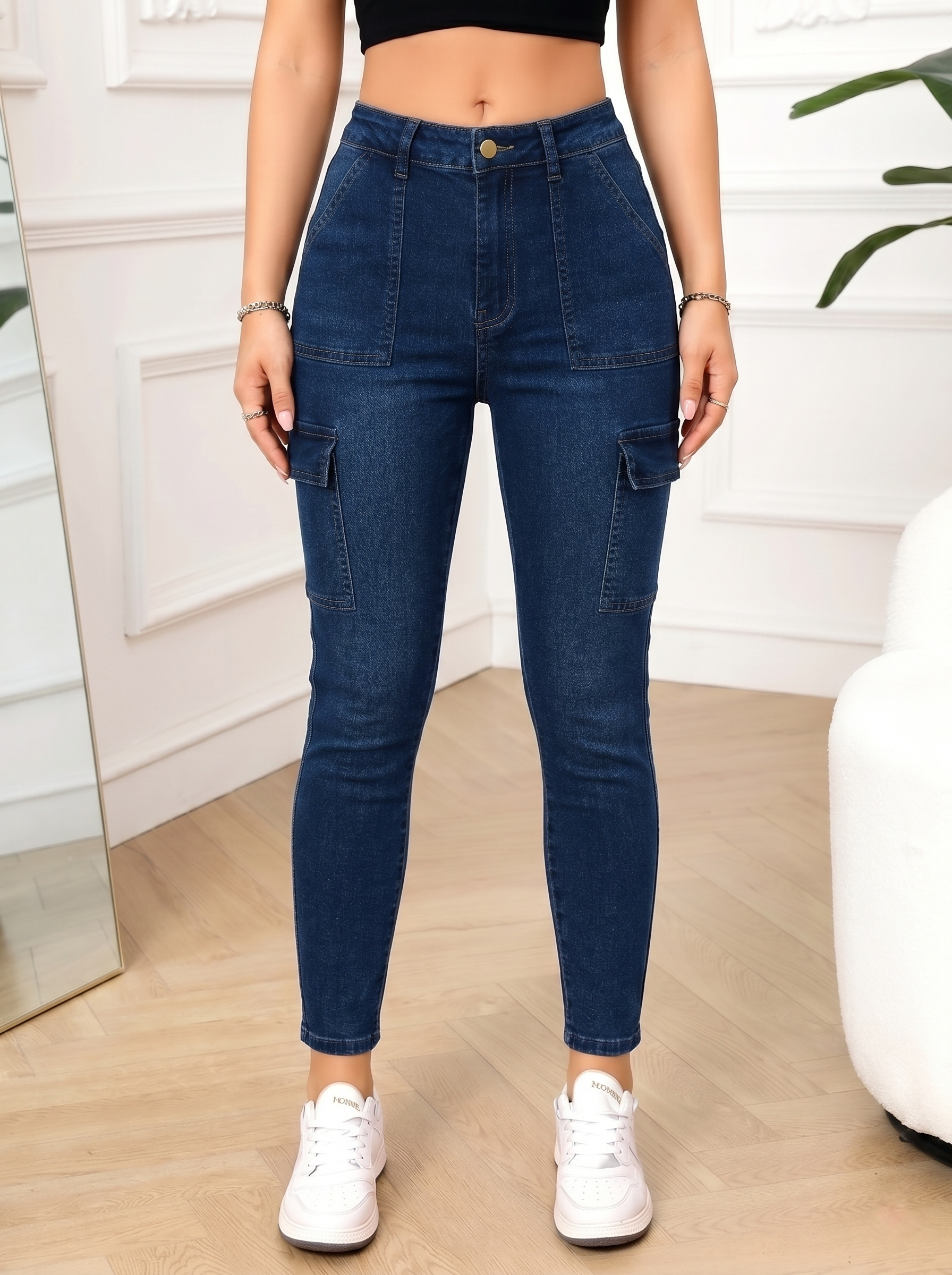 Women's High Waist Cargo Skinny Jeans - 3 Colors: Medium Blue, Dark Blue, White