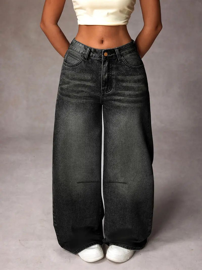 Plus Size Women Vintage Gradient Black Faded Wide Leg Baggy Jeans High Waist Oversized Floor Length Stretch Denim Trousers For Curvy Figures