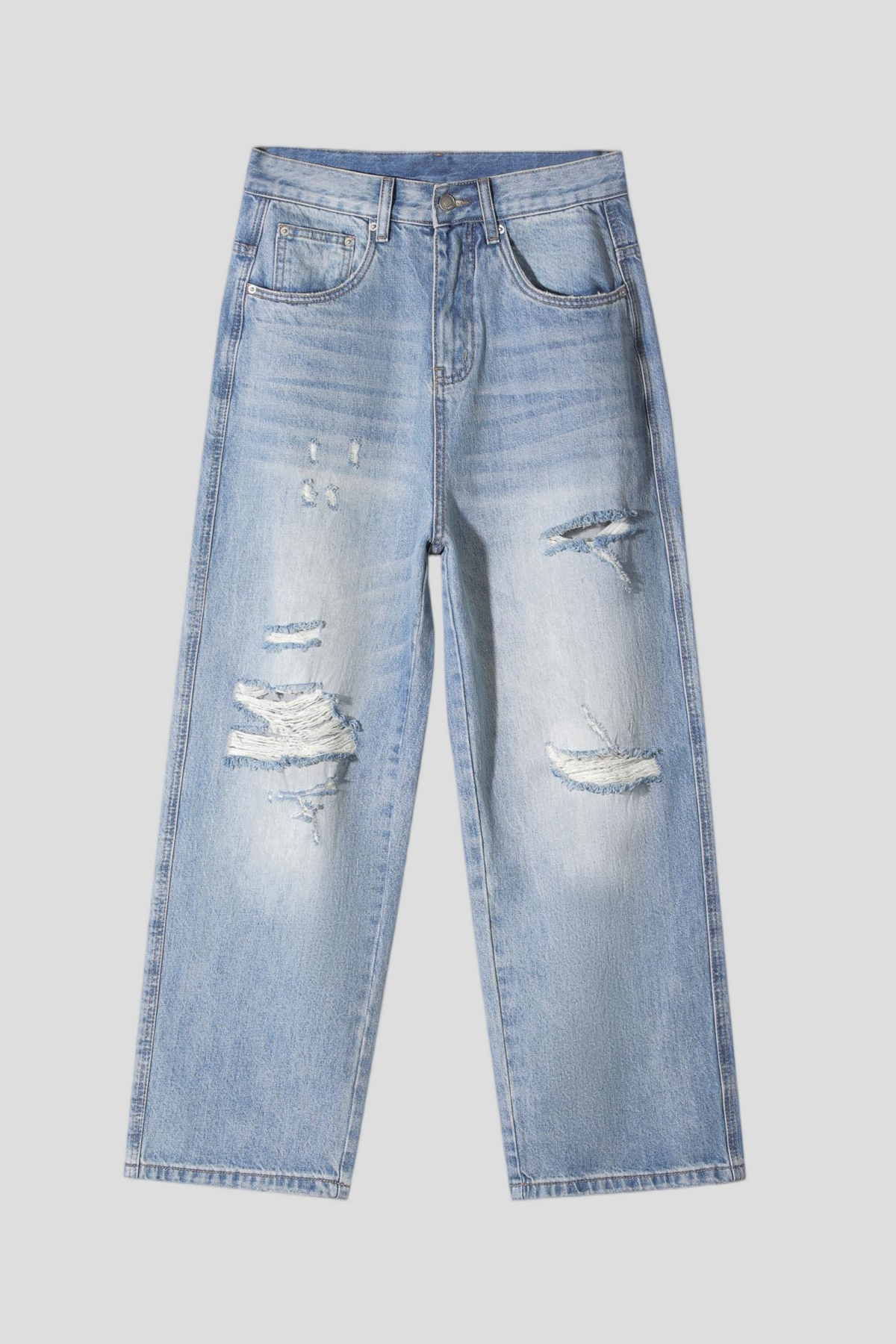 Men's Baggy Wide Leg Jeans - Vintage Light Wash Distressed Ripped Denim