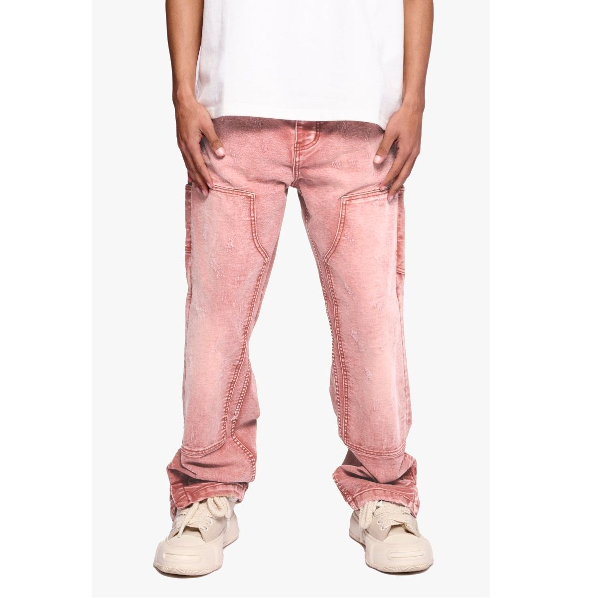 Pink Washed Cargo Jeans | Distressed Wide Leg Denim Pants with Multi-Pockets