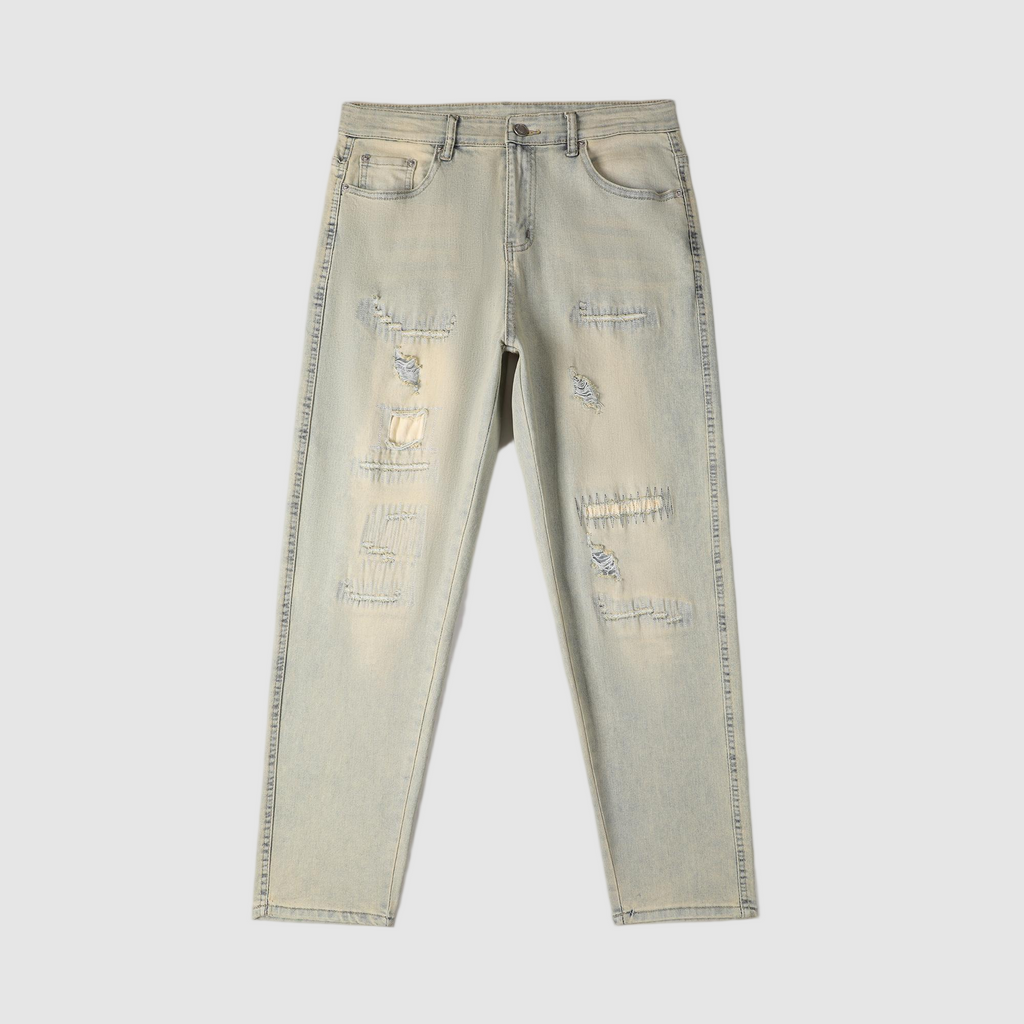 Men's Tapered Jeans - Vintage Sand Wash Distressed Patch Denim