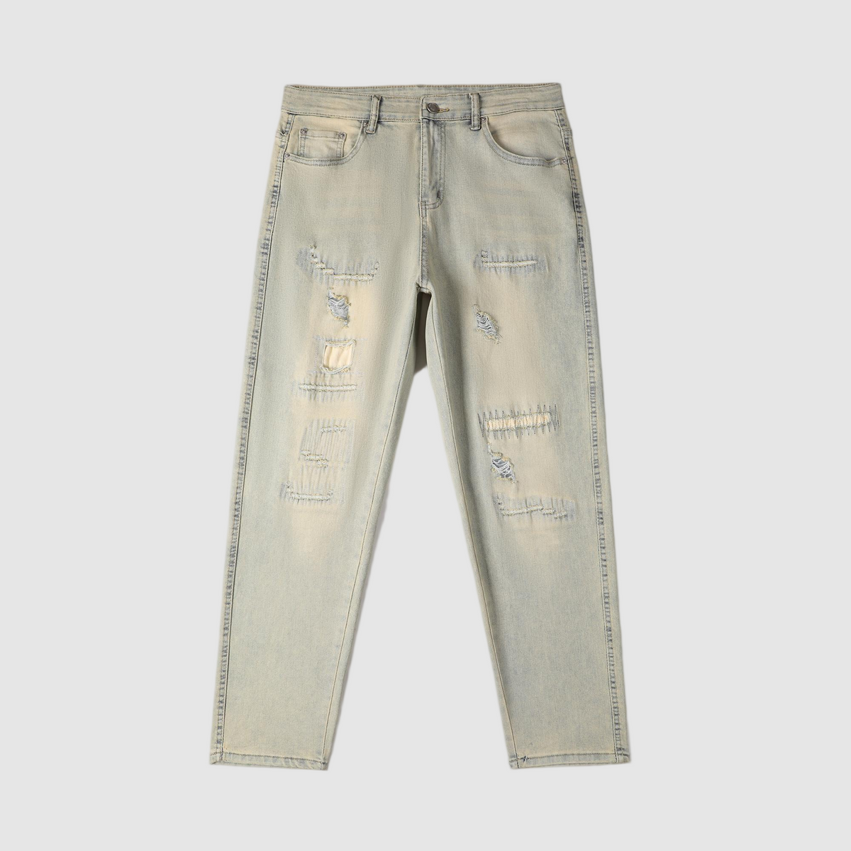 Men's Tapered Jeans - Vintage Sand Wash Distressed Patch Denim