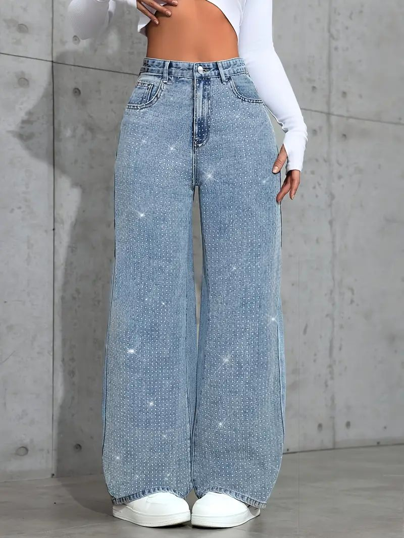 Plus Size Light Blue Rhinestone Wide Leg Jeans | High Waisted Baggy Denim Pants for Women