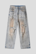 Men's Baggy Wide Leg Jeans - Vintage Mud Wash Distressed Splatter Paint Denim