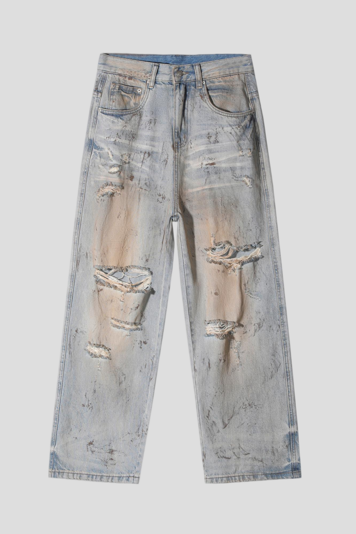 Men's Baggy Wide Leg Jeans - Vintage Mud Wash Distressed Splatter Paint Denim