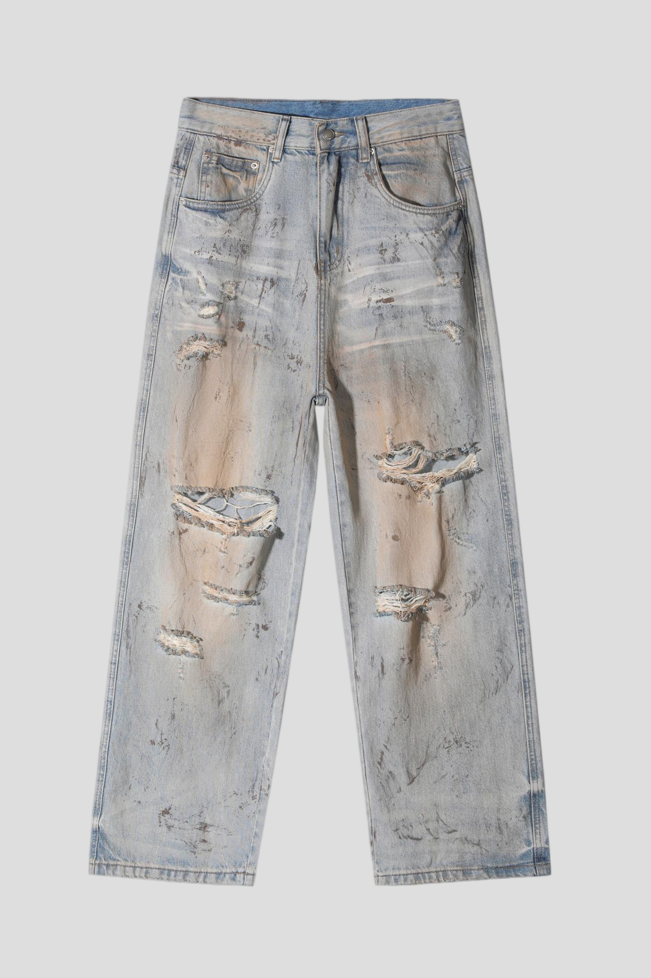 Men's Baggy Wide Leg Jeans - Vintage Mud Wash Distressed Splatter Paint Denim