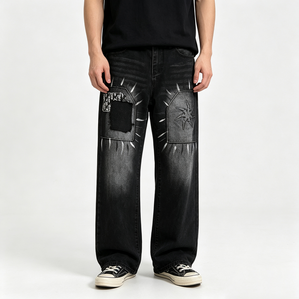 Men's Black Washed Straight Leg Jeans - Loose Denim Pants with Patchwork & Graffiti Print Details