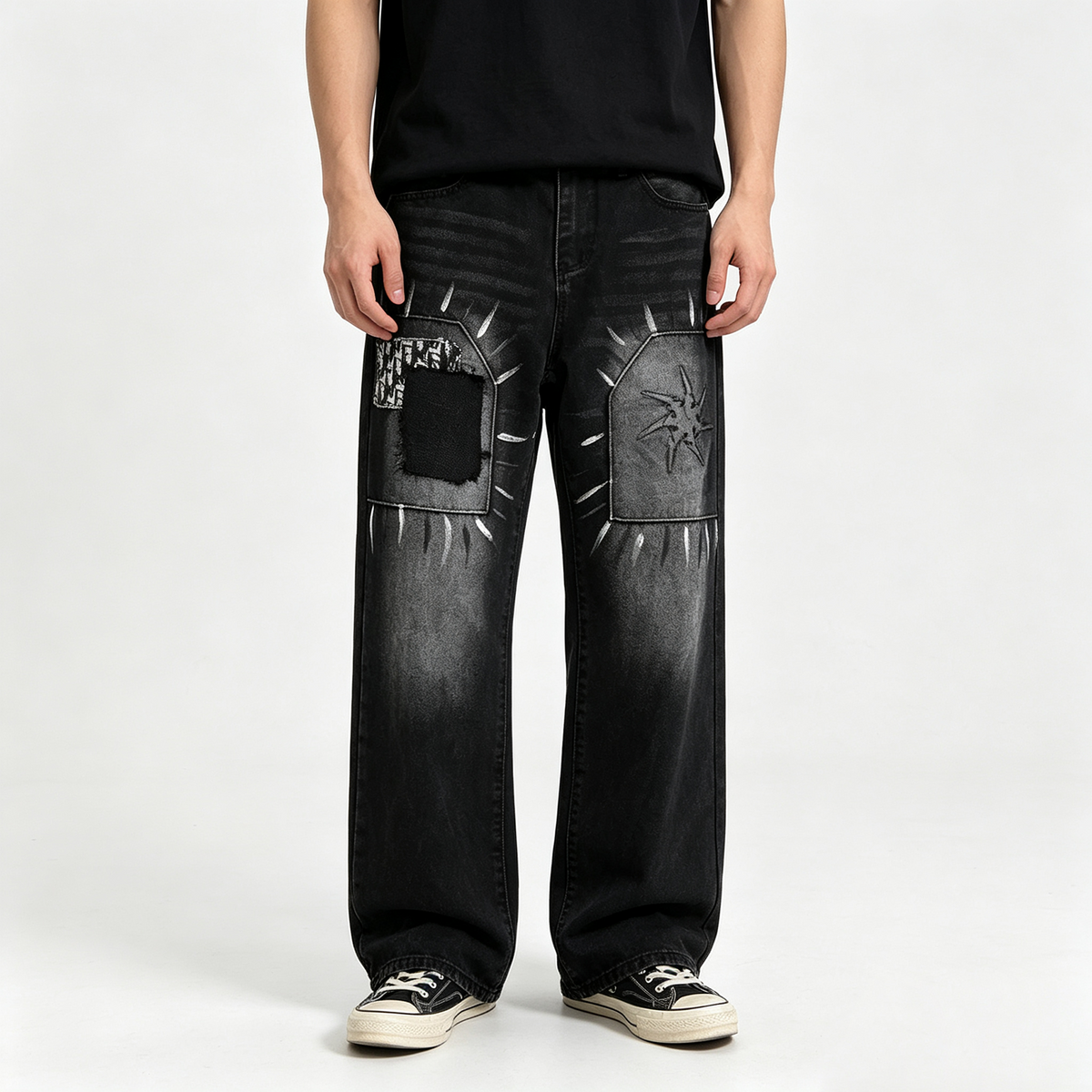 Men's Black Washed Straight Leg Jeans - Loose Denim Pants with Patchwork & Graffiti Print Details