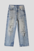 Men's Baggy Wide Leg Jeans - Vintage Mid Wash Distressed Destroyed Denim