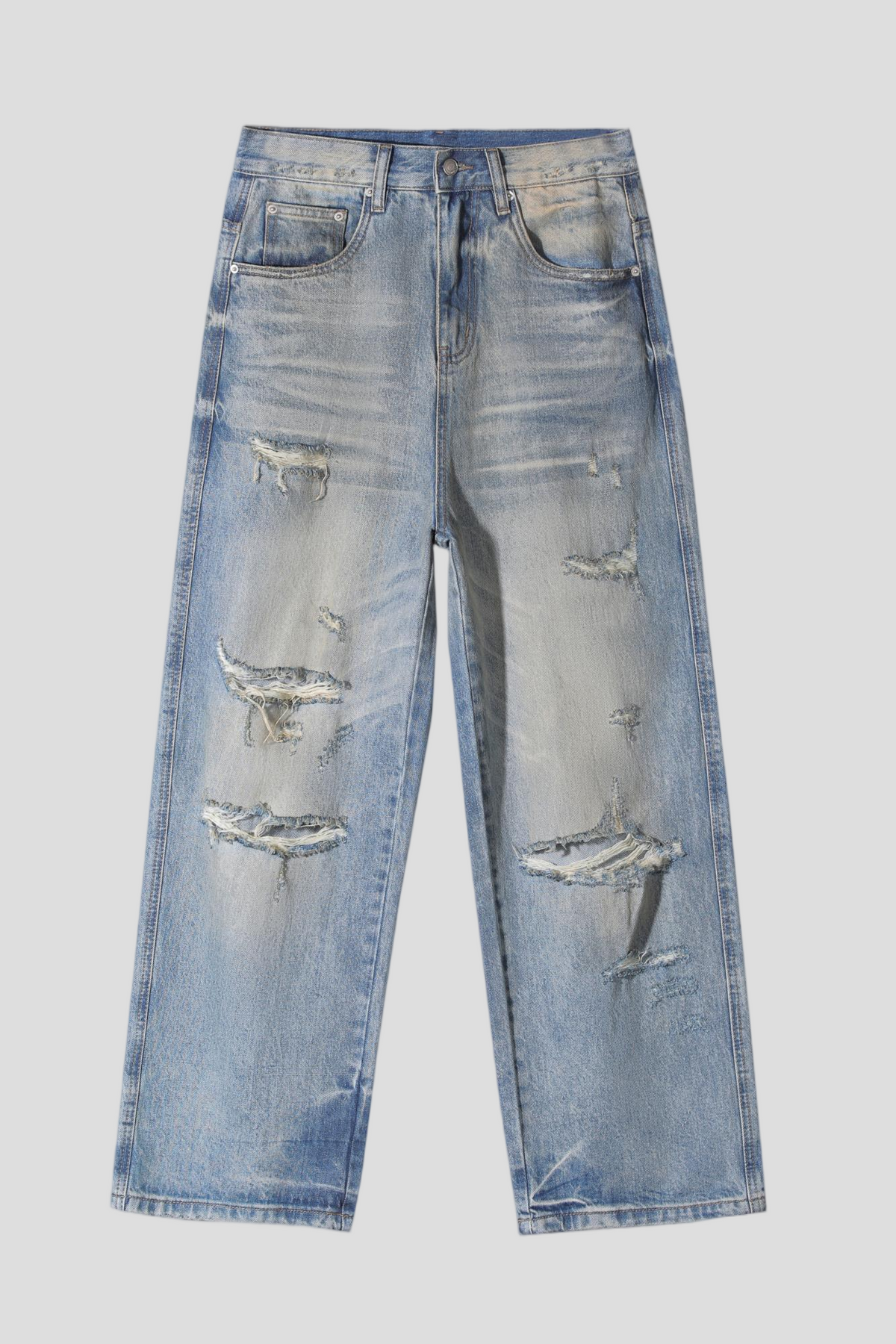 Men's Baggy Wide Leg Jeans - Vintage Mid Wash Distressed Destroyed Denim