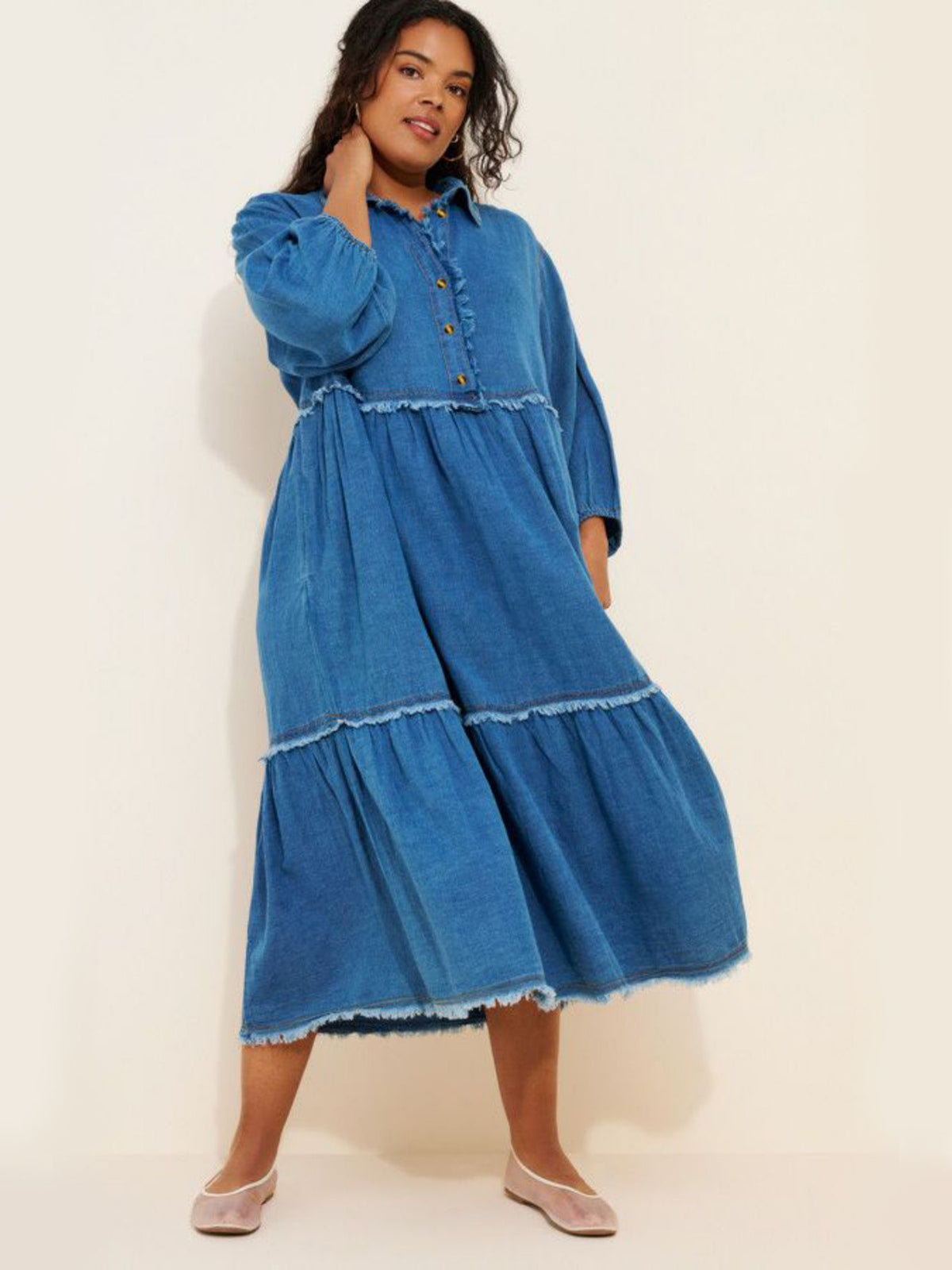 Plus Size Women Frayed Tiered Denim Midi Dress Collar Half Button 3/4 Puff Sleeve Loose Casual Babydoll Jean Dress For Curvy Figures