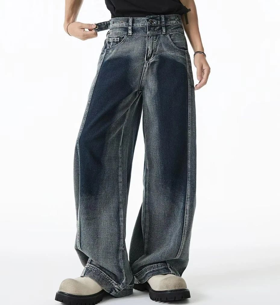 Two-Tone Washed Baggy Jeans | Blue Gradient Wide Leg Denim Pants with Adjustable Waist