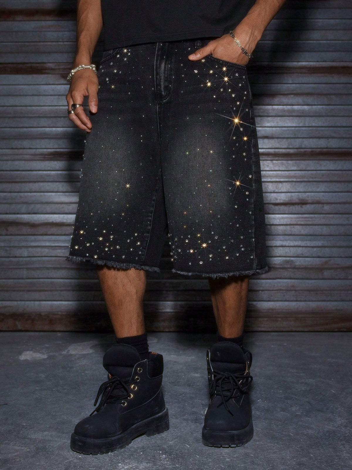 Men's Black Washed Baggy Denim Shorts - Rhinestone Embellished Jorts with Frayed Hem