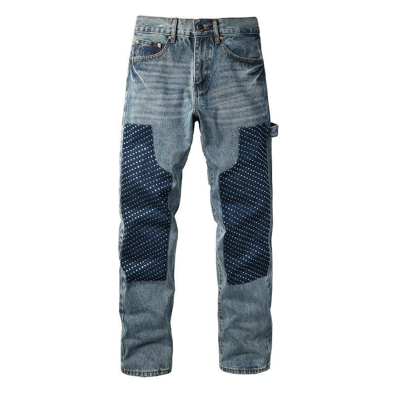 Blue Washed Carpenter Jeans | Studded Knee Patch Relaxed Fit Denim Pants