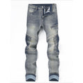 Men's Vintage Washed Biker Jeans - Slim Straight Leg with Patterned Patchwork & Zipper Detail