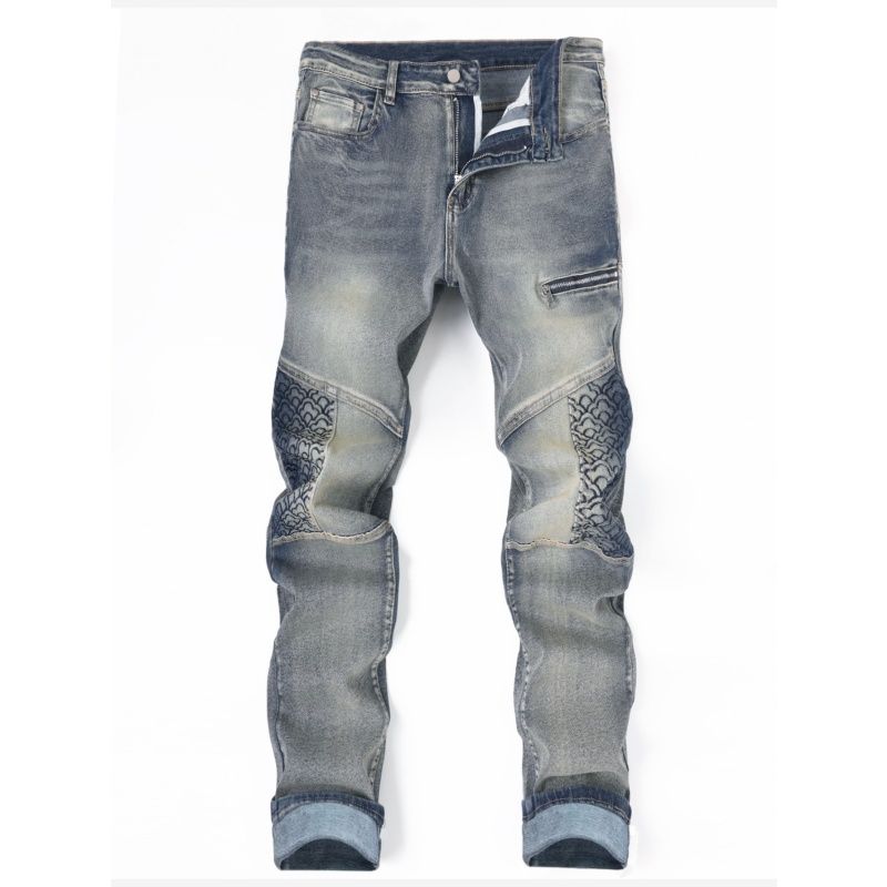Men's Vintage Washed Biker Jeans - Slim Straight Leg with Patterned Patchwork & Zipper Detail