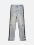 Light Blue Washed Zipper Straight Jeans | Adjustable Strap Relaxed Fit Denim Pants