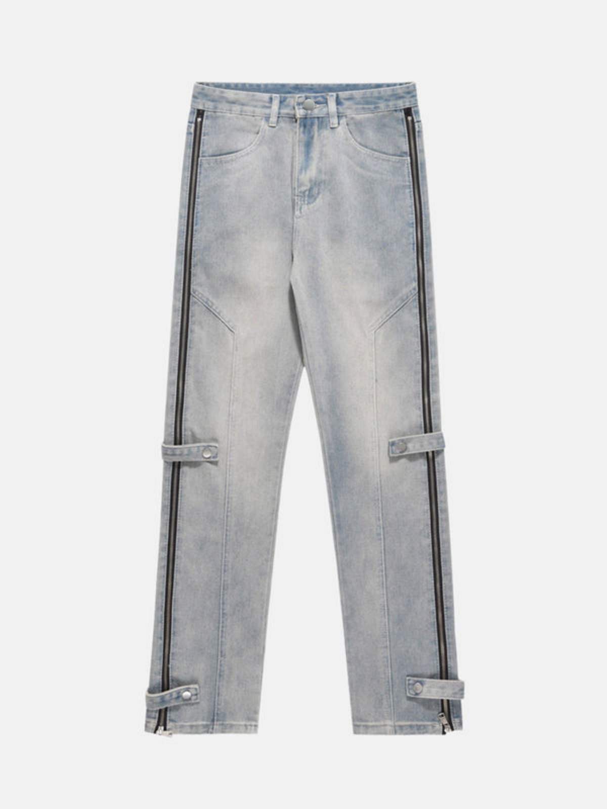Light Blue Washed Zipper Straight Jeans | Adjustable Strap Relaxed Fit Denim Pants