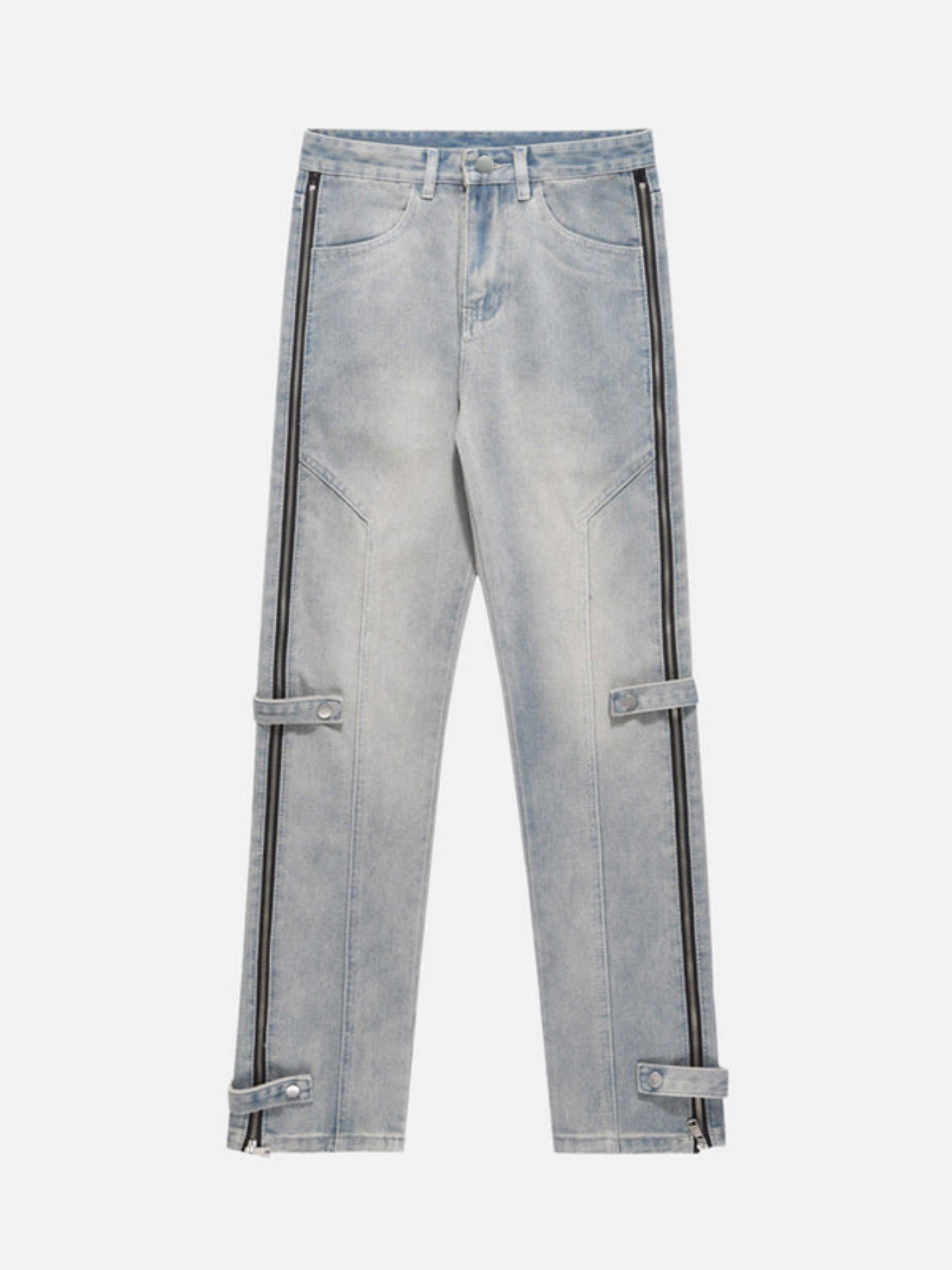 Light Blue Washed Zipper Straight Jeans | Adjustable Strap Relaxed Fit Denim Pants