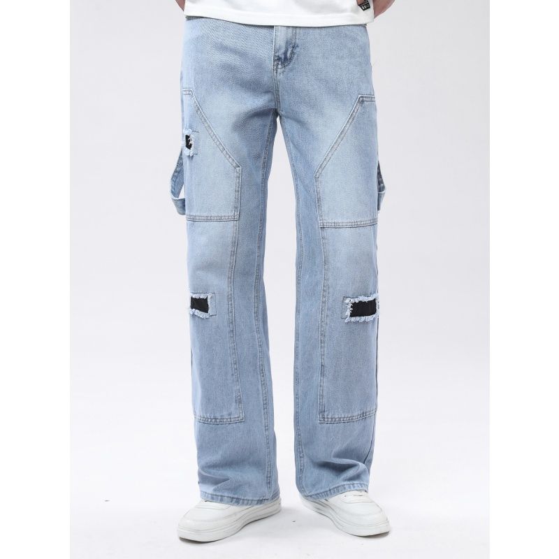 Men's Light Wash Cargo Jeans - Loose Straight Leg Denim Pants with Patchwork & Distressed Details