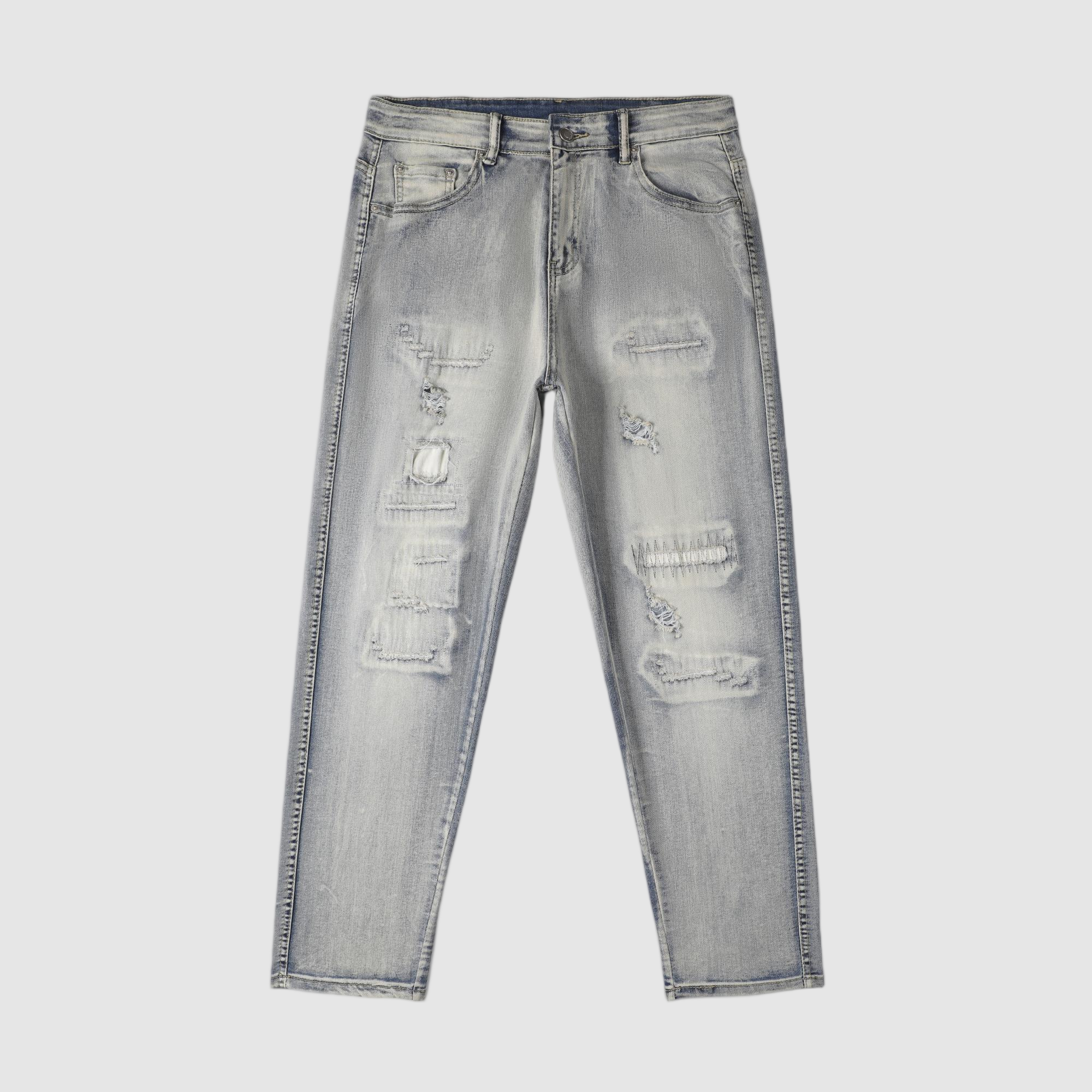 Men's Tapered Jeans - Vintage Sand Wash Distressed Patch Denim