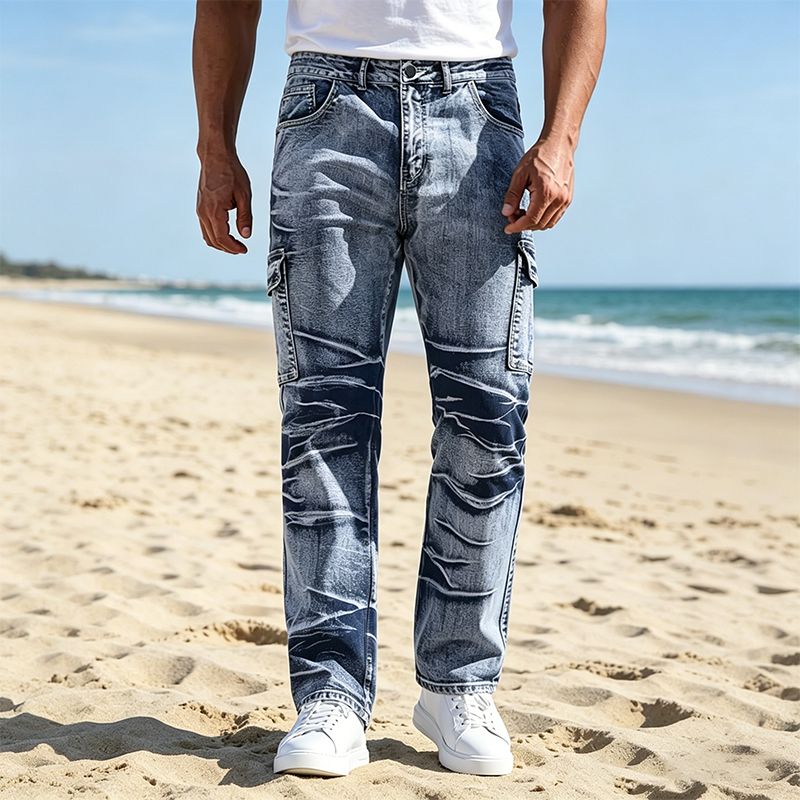 Men's Acid Wash Cargo Jeans - Loose Straight Leg Denim Pants with 3D Wrinkle & Faded Details