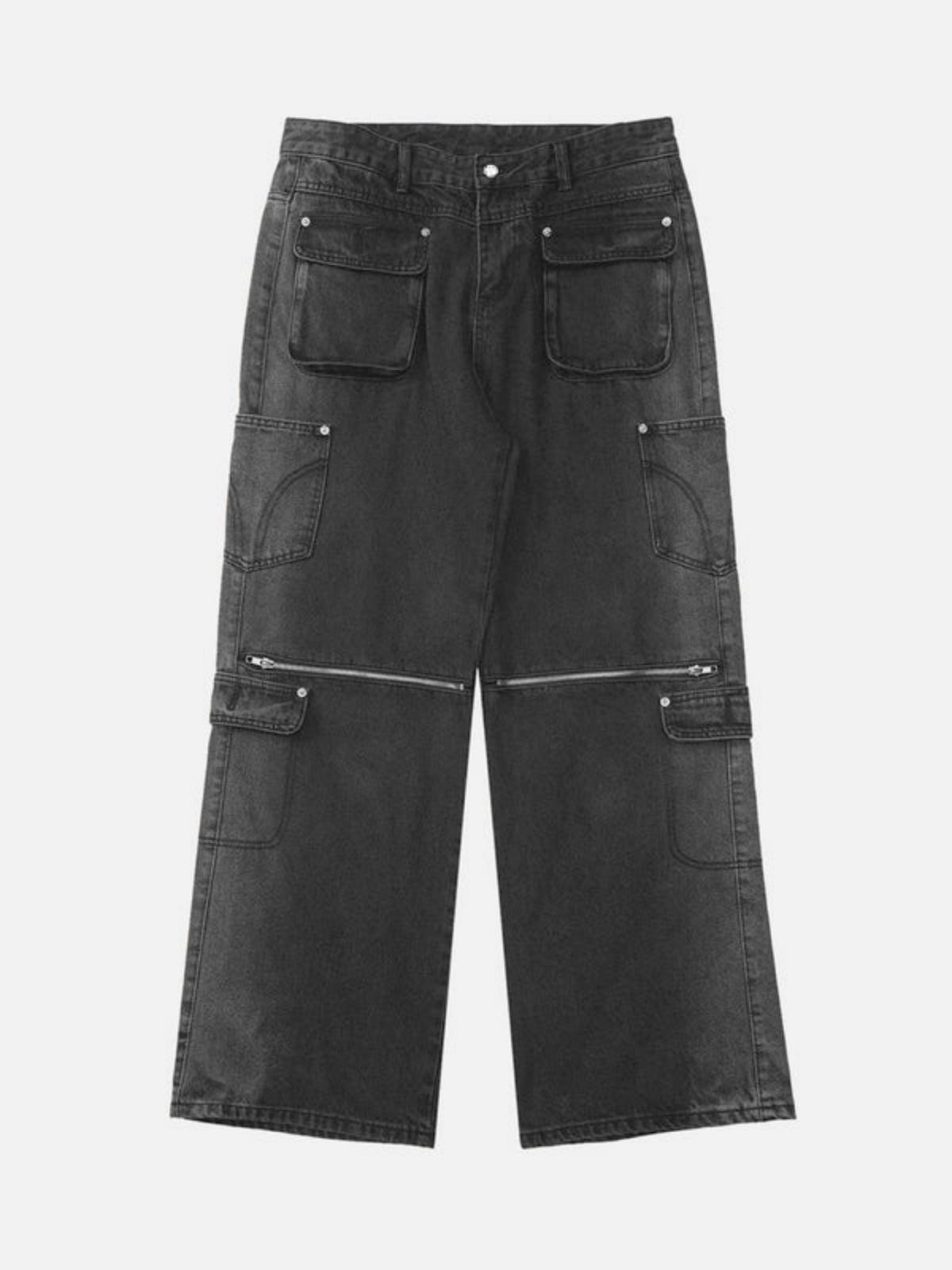 Black Detachable Cargo Jeans | Multi-Pocket Wide Leg Denim Pants with Zipper Cut