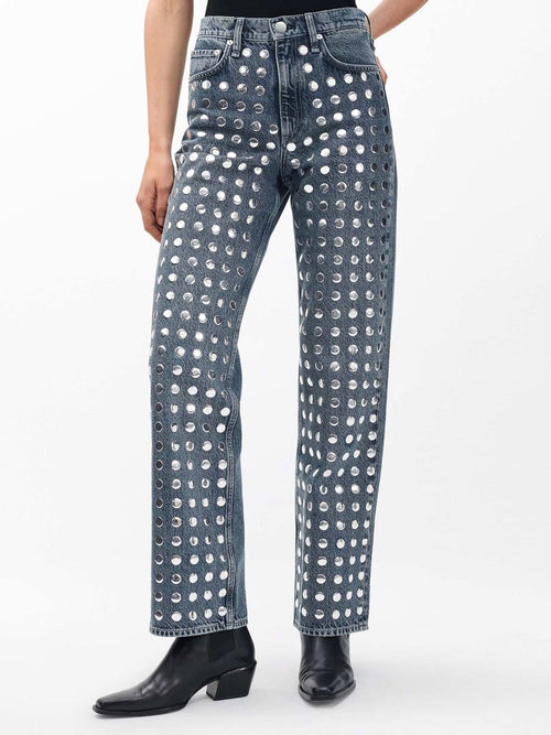 Dark Wash Studded Straight Leg Jeans | High Waisted Rivet Embellished Denim Pants