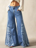PLUS SIZE Women Boho Floral Bandana Print Patchwork Flare Jeans Light Wash High Waist Wide Leg Bell Bottom Denim Pants