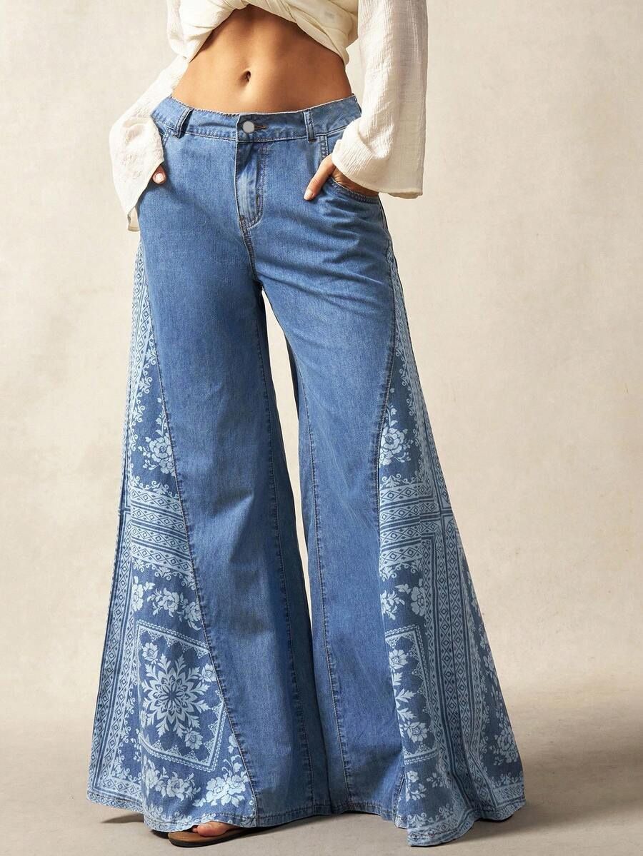 PLUS SIZE Women Boho Floral Bandana Print Patchwork Flare Jeans Light Wash High Waist Wide Leg Bell Bottom Denim Pants
