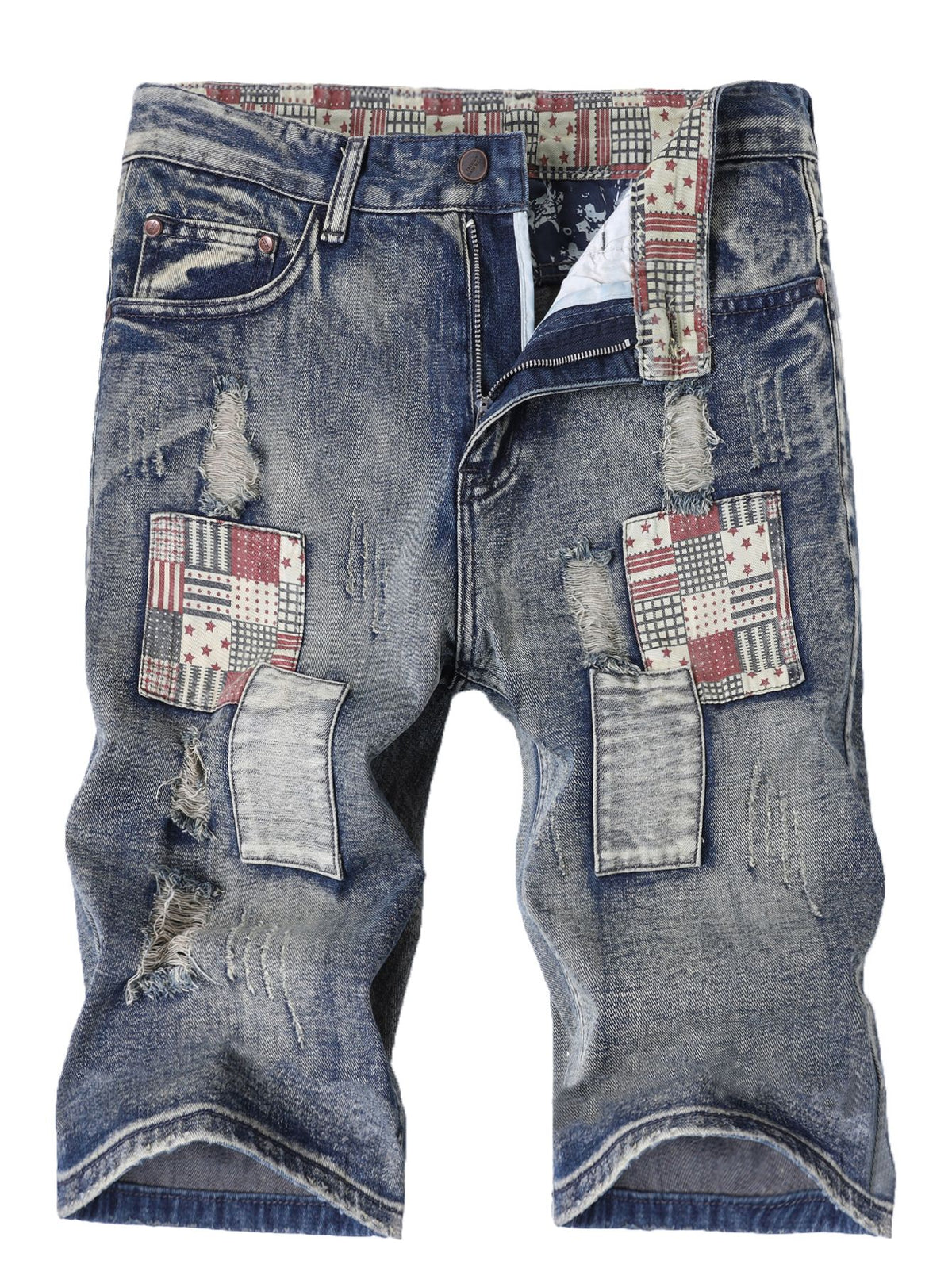 Men's Vintage Washed Denim Shorts - Distressed Patchwork Jean Shorts with Star Print Patches