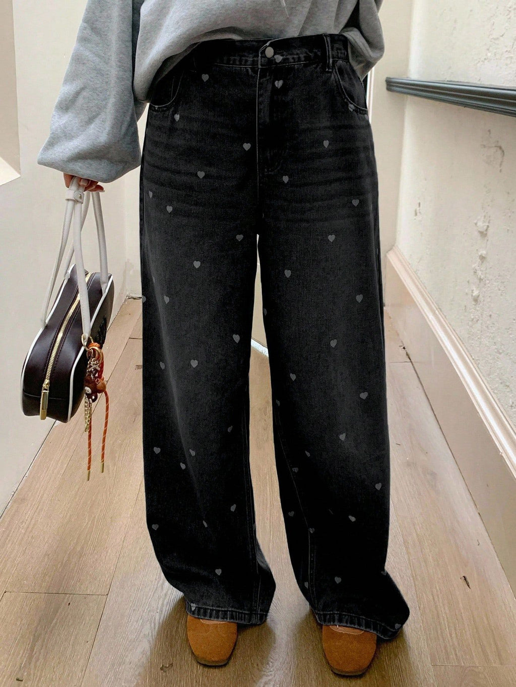 Plus Size Women All Over Heart Print Black Washed Wide Leg Jeans High Waist Loose Baggy Floor Length Casual Streetwear Denim Pants For Curvy Figures