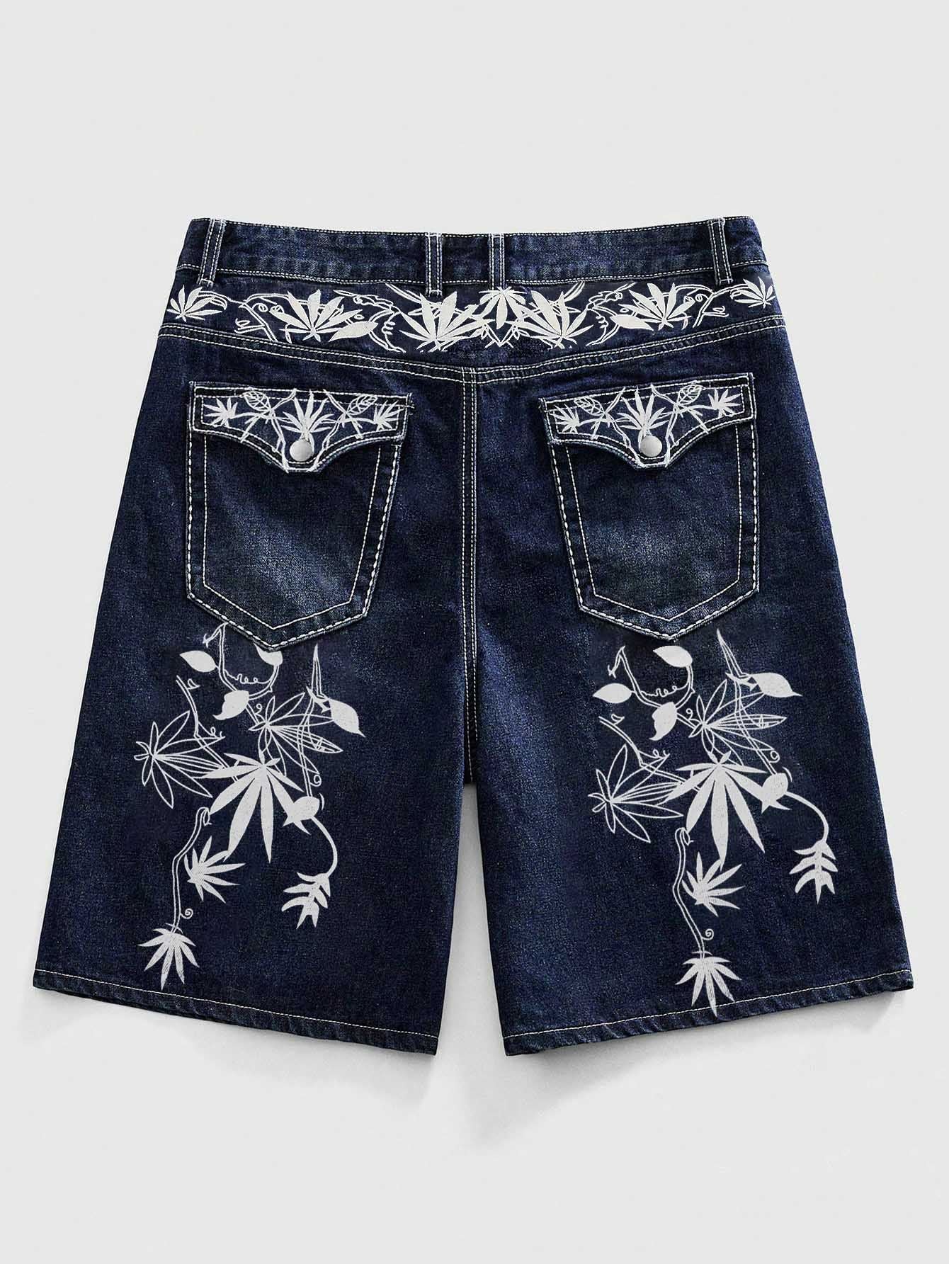 Men's Dark Wash Baggy Denim Shorts - Jorts with Leaf Embroidery Streetwear Detail