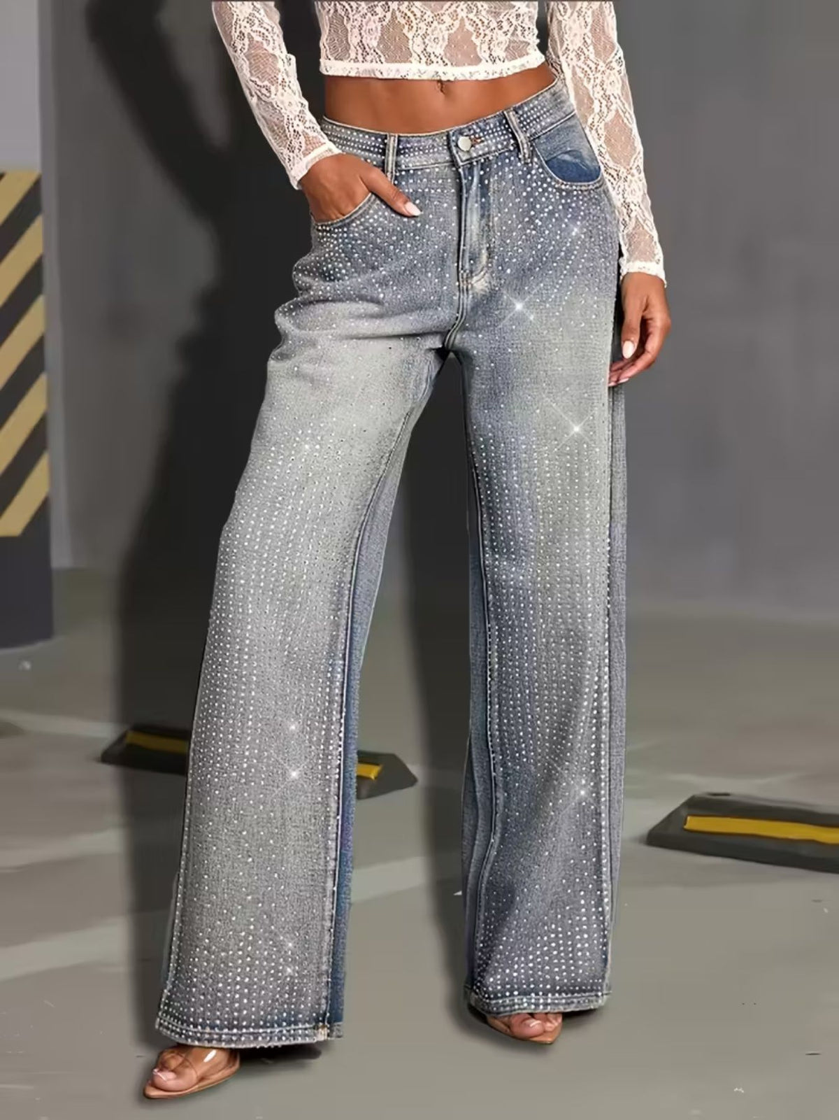 Plus Size Women Rhinestone Studded Wide Leg Jeans Light Vintage Wash High Waist Sparkly Crystal Loose Floor Length Denim Pants Club Party Outfit