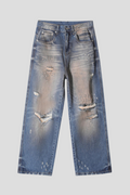 Men's Baggy Wide Leg Jeans - Vintage Dark Blue Sand Wash Distressed Denim