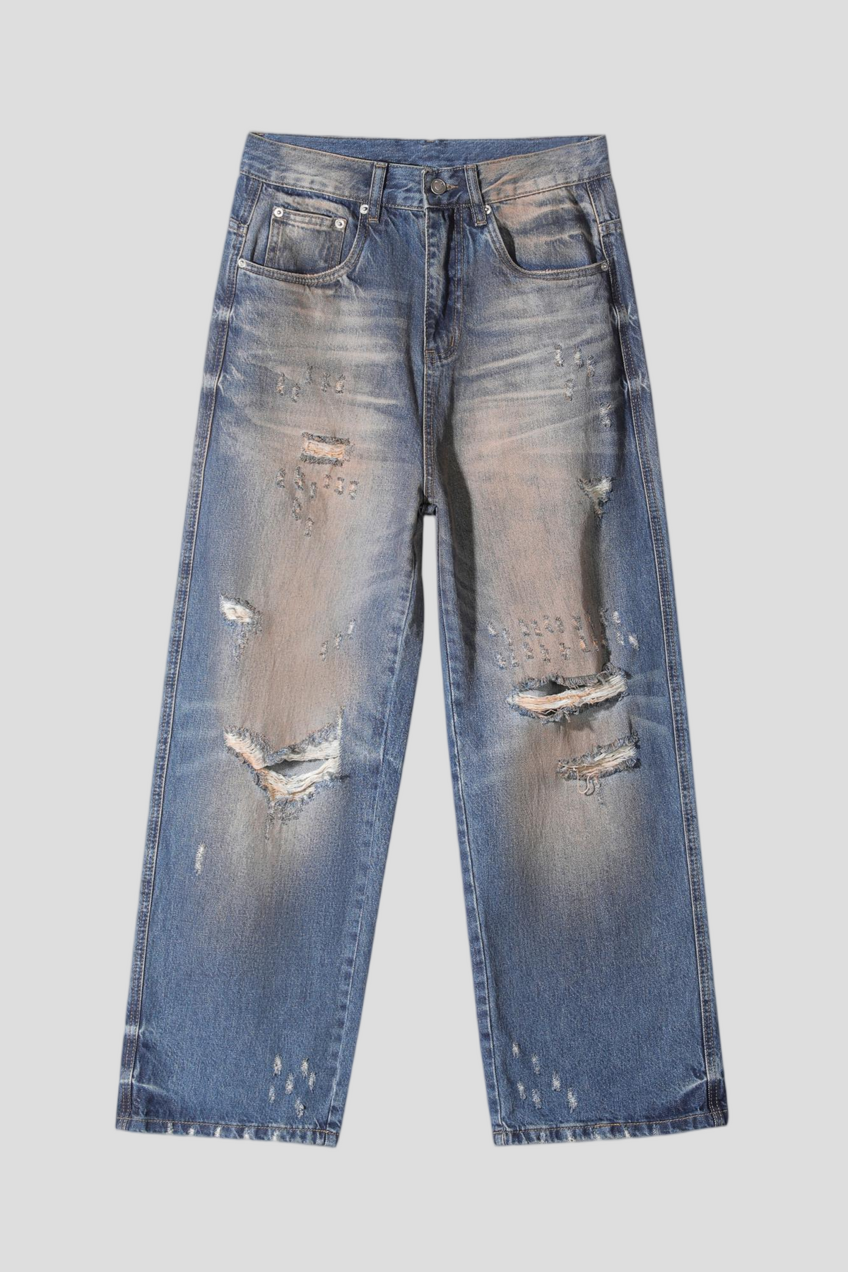 Men's Baggy Wide Leg Jeans - Vintage Dark Blue Sand Wash Distressed Denim