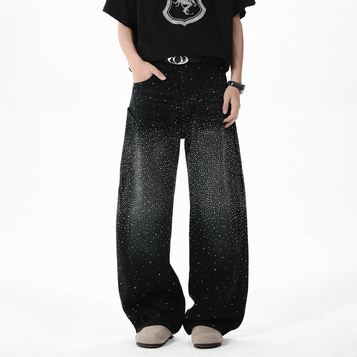 Black Gradient Rhinestone Baggy Jeans | Sparkly Wide Leg Denim Pants for Men
