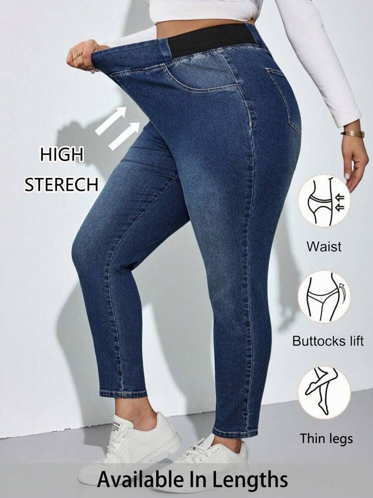 Plus Size Women High Waist Elastic Side Band Skinny Ankle Jeans Dark Blue Stretch Washed Cropped Denim Pants For Curvy Figures