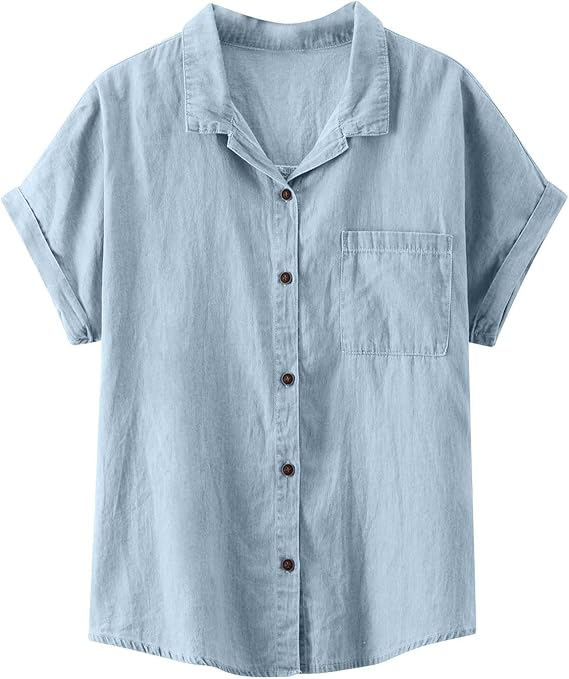 Women's Light Wash Denim Short Sleeve Shirt - Casual Button-Down with Chest Pocket