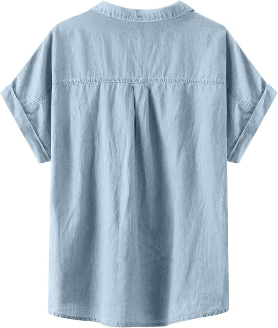 Women's Light Wash Denim Short Sleeve Shirt - Casual Button-Down with Chest Pocket