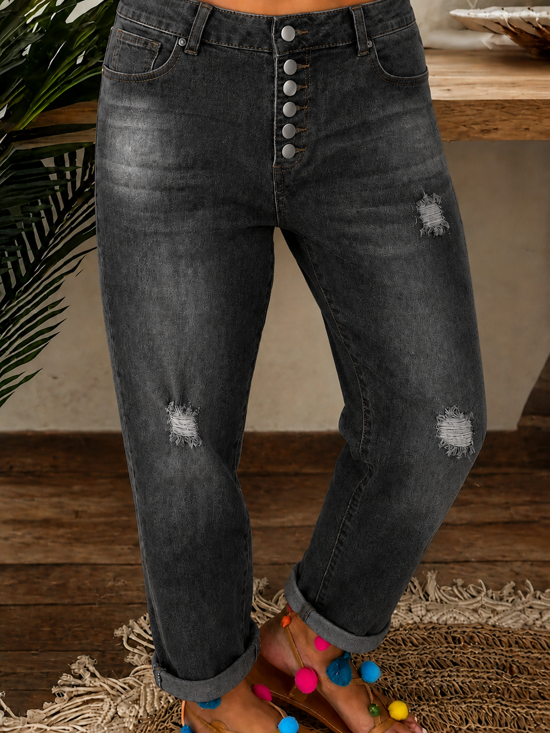 PLUS SIZE Women High Waist Multi Button Fly Distressed Boyfriend Jeans Roll Cuff Ankle Straight Leg Vintage Washed Casual Denim Pants