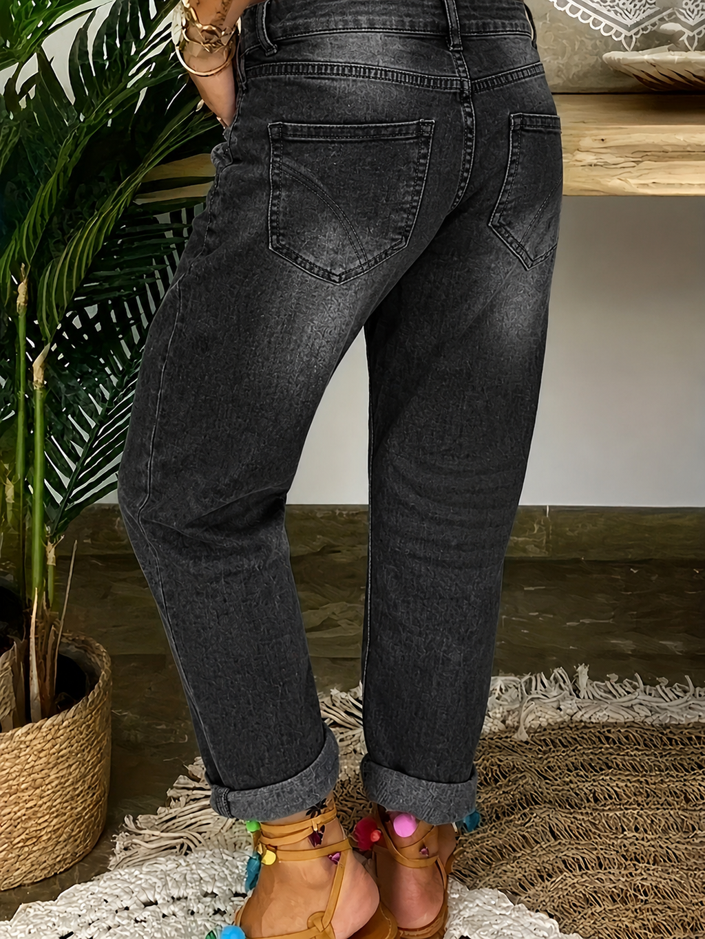 PLUS SIZE Women High Waist Multi Button Fly Distressed Boyfriend Jeans Roll Cuff Ankle Straight Leg Vintage Washed Casual Denim Pants