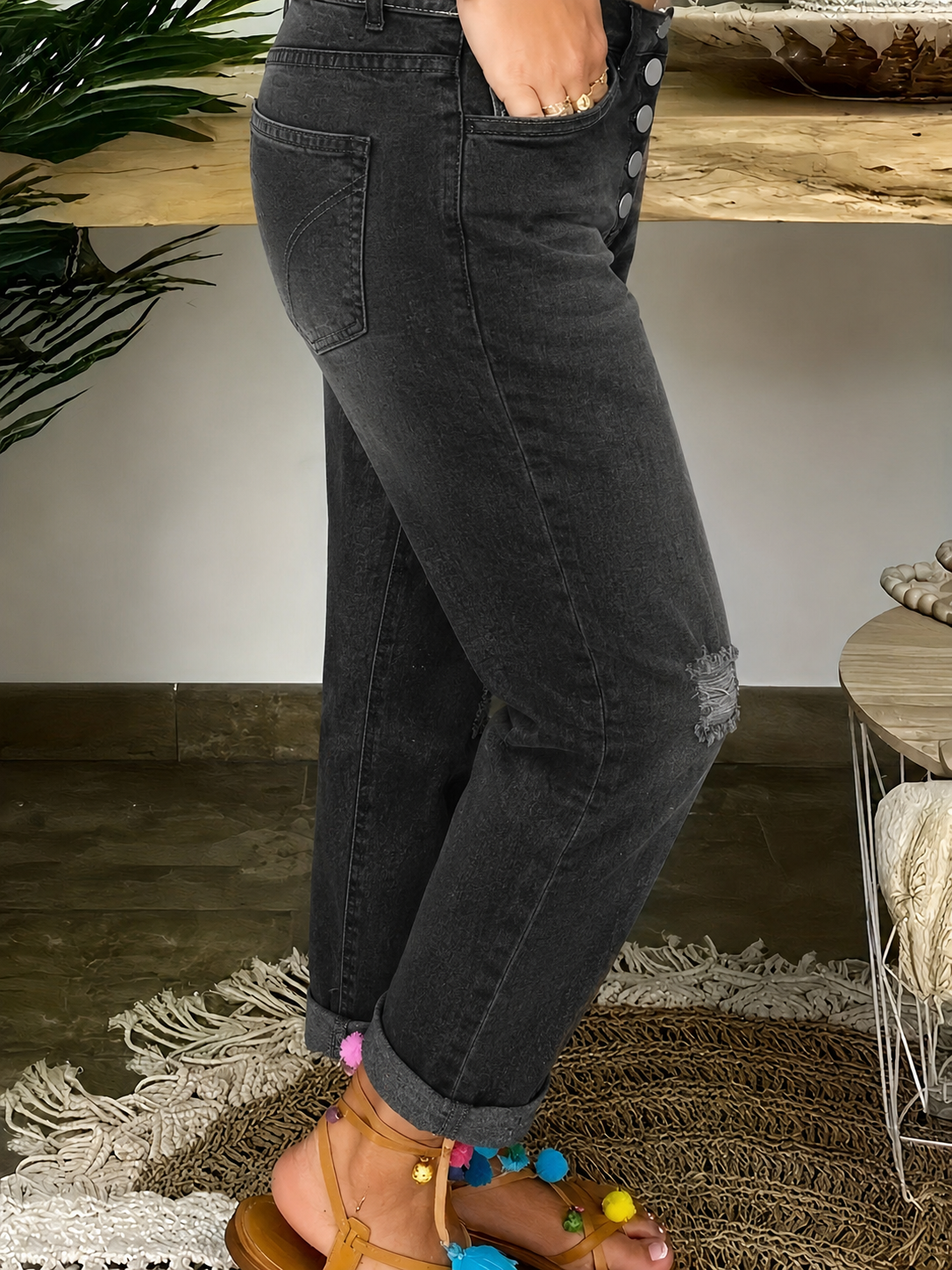 PLUS SIZE Women High Waist Multi Button Fly Distressed Boyfriend Jeans Roll Cuff Ankle Straight Leg Vintage Washed Casual Denim Pants