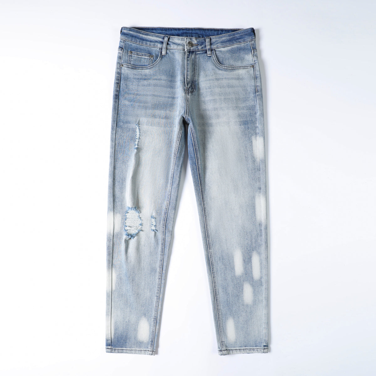 Men’s Light Wash Ripped Jeans – Slim Straight Distressed Denim Pants with Bleached Wash Detail