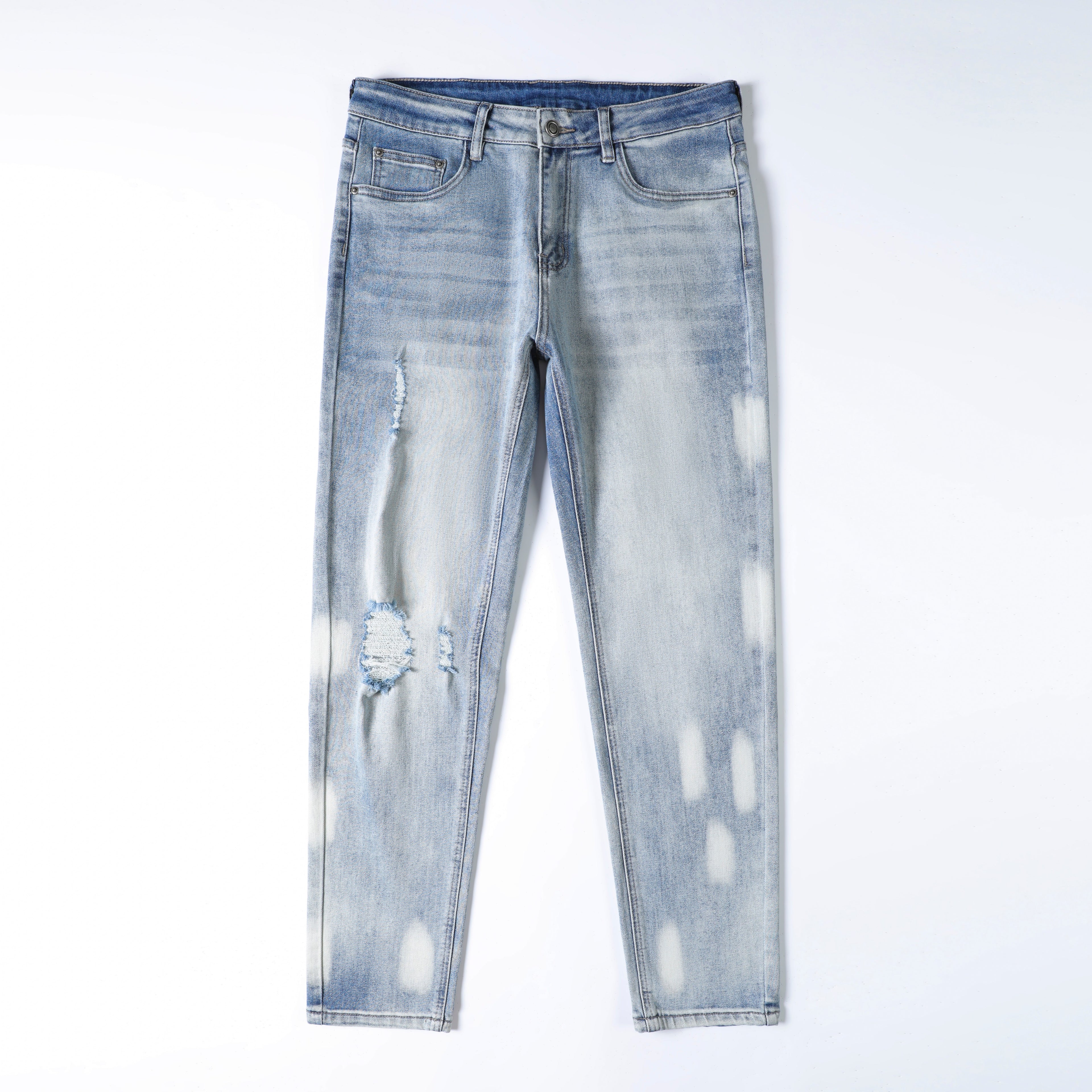 Men’s Light Wash Ripped Jeans – Slim Straight Distressed Denim Pants with Bleached Wash Detail